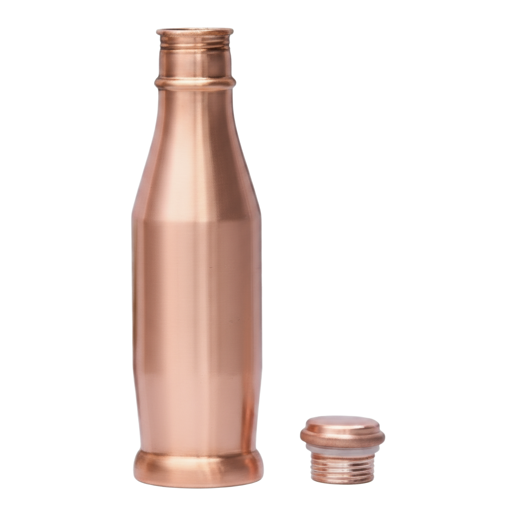 Copper water bottle with a cap on a white background
