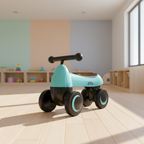 Children's balance bike with turquoise seat and black frame on a white background