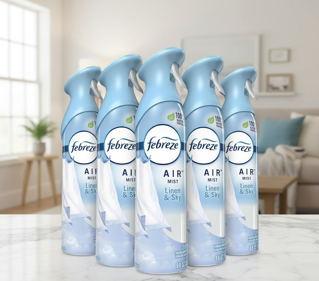 Multiple bottles of Febreze Air Mist Linen & Sky fragrance on a white background